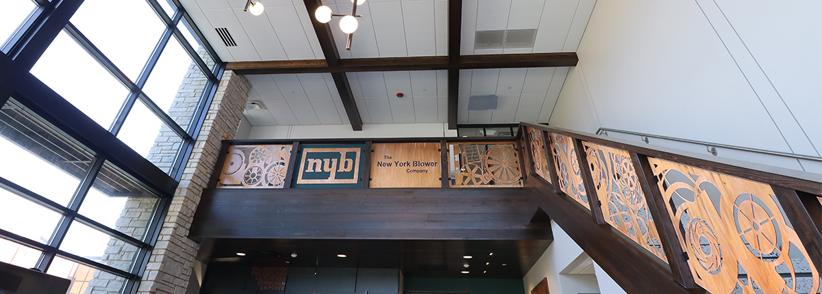 The foyer welcomes guests to New York Blower's new office in La Porte